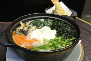 Japanese noodles with egg, meat and vegetables